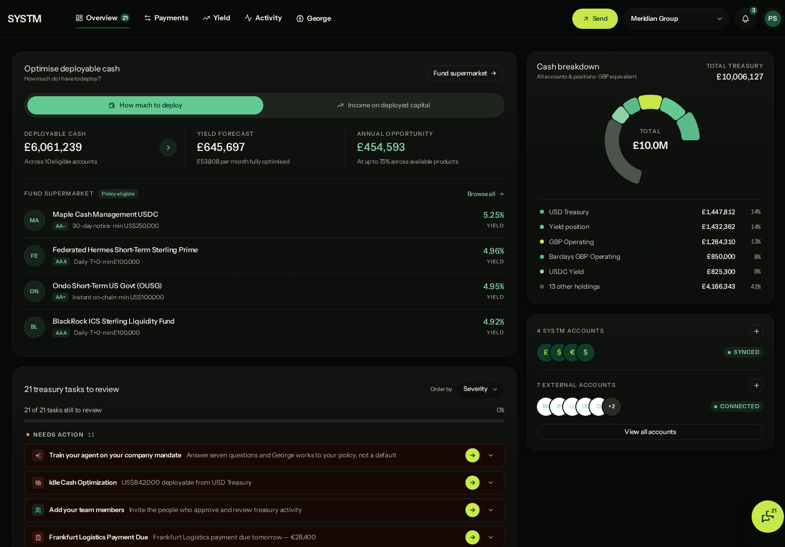 Latest SYSTM overview showing deployable cash, fund opportunities, treasury tasks, accounts, and cash breakdown